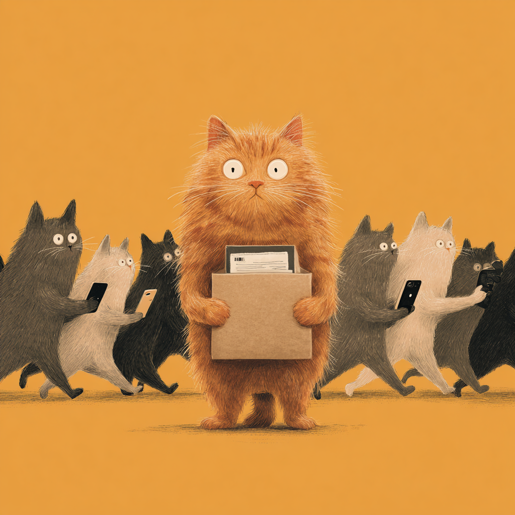 An illustration of a wide-eyed ginger cat holding a cardboard box of papers, standing still while a crowd of other cats walks past in both directions, looking at their phones.