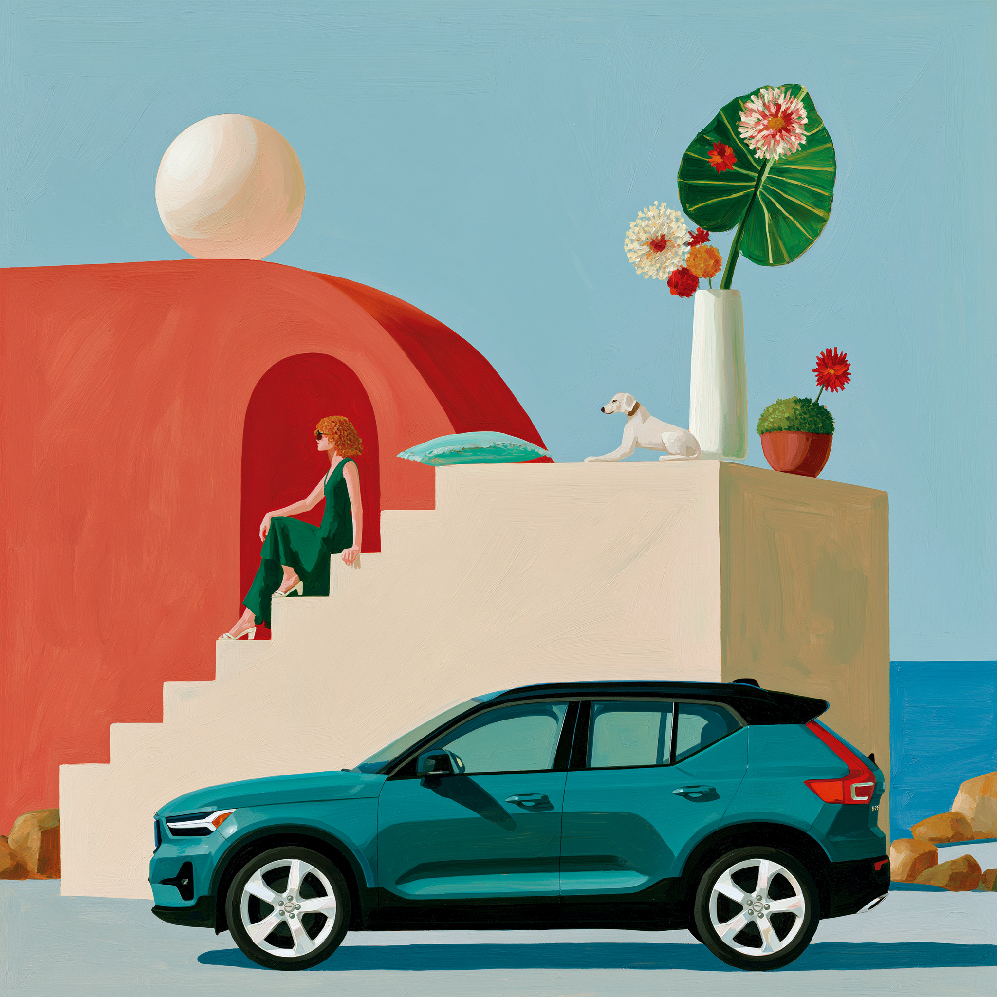 Painted illustration of a woman seated on white steps beside a red archway, a dog and flowers above, and a teal car parked below by the sea