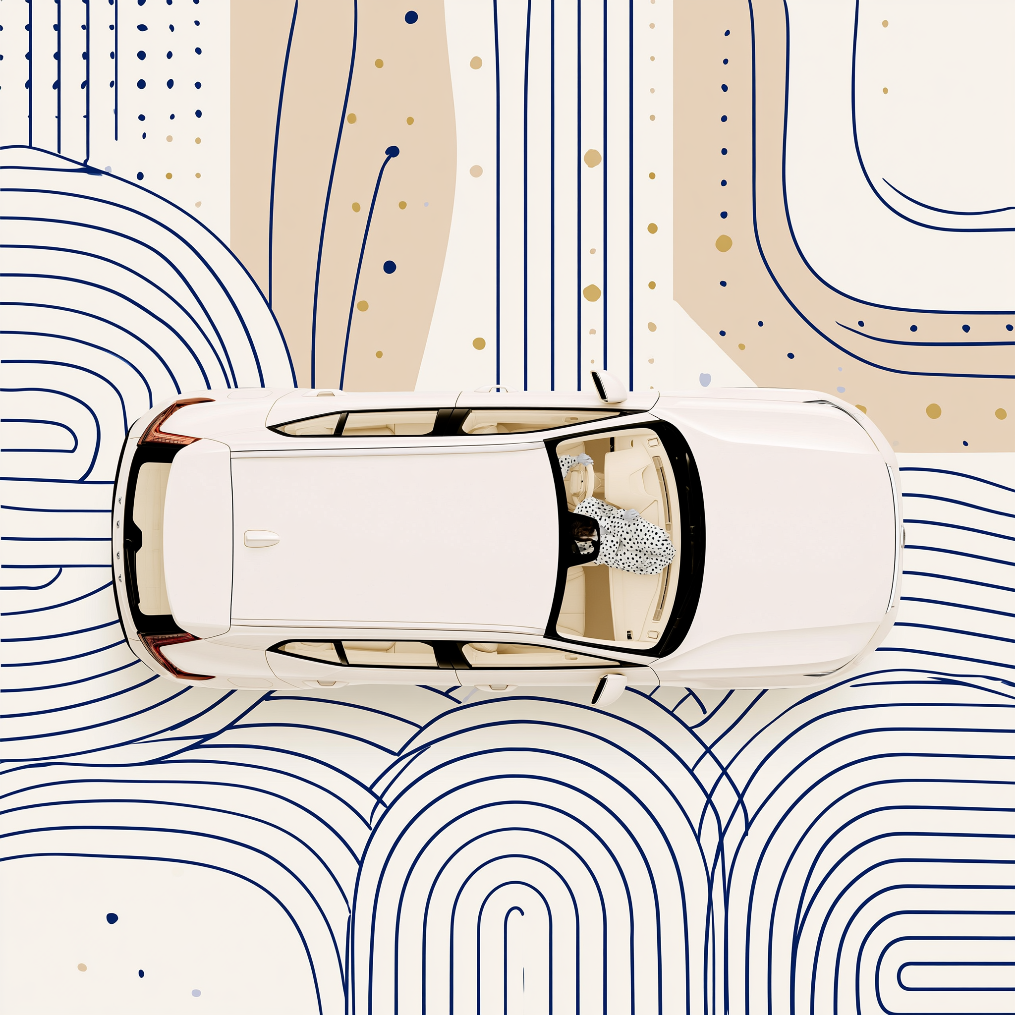 Overhead illustration of a white Volvo XC40 on a field of navy line-work, a figure leaning out of the driver's door