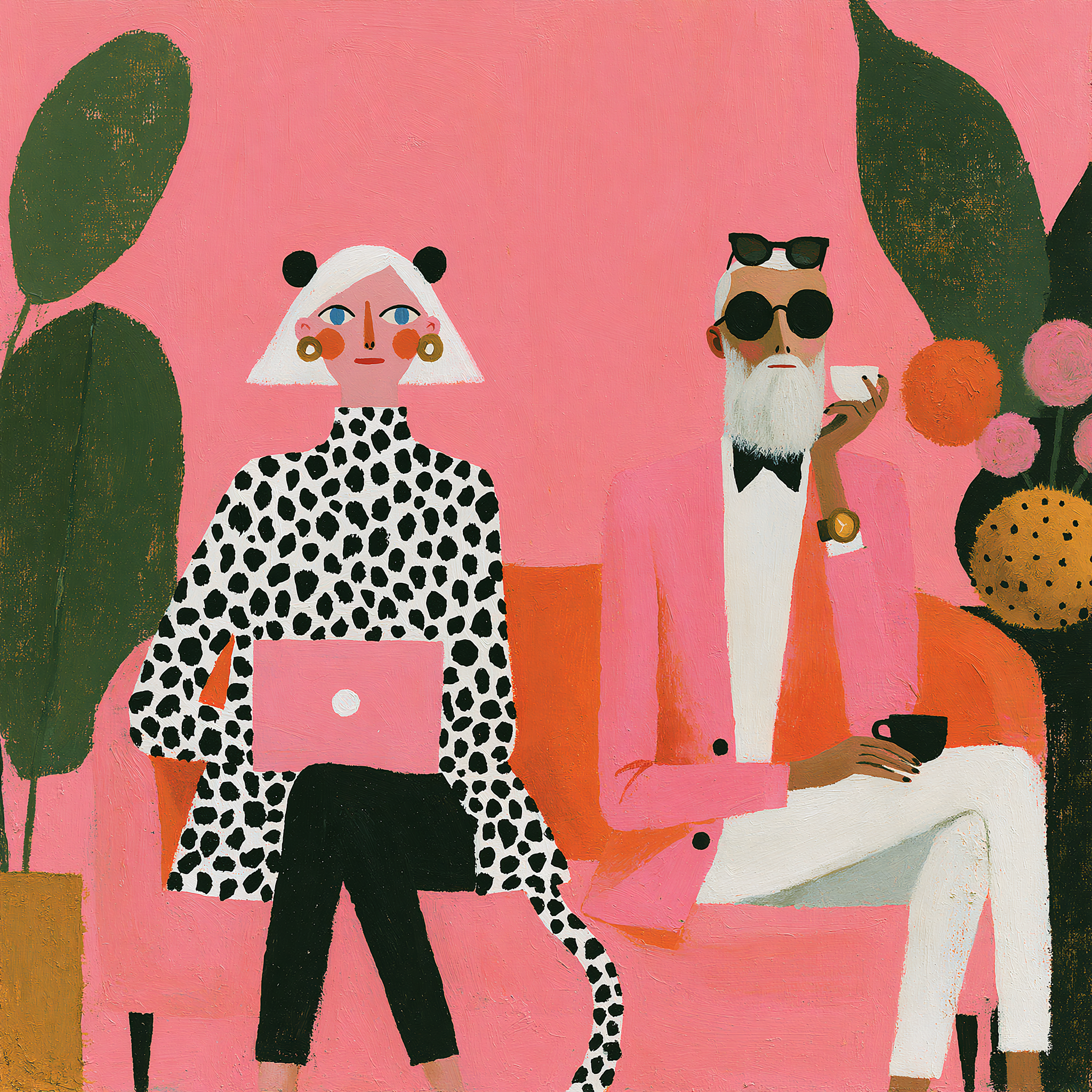 Two figures seated among plants, illustrated in flat pink and orange